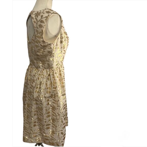 LESLIE FAY Cream Gold Metallic Foil A-Line Open Back Cocktail Holiday Dress 4 - Picture 3 of 5